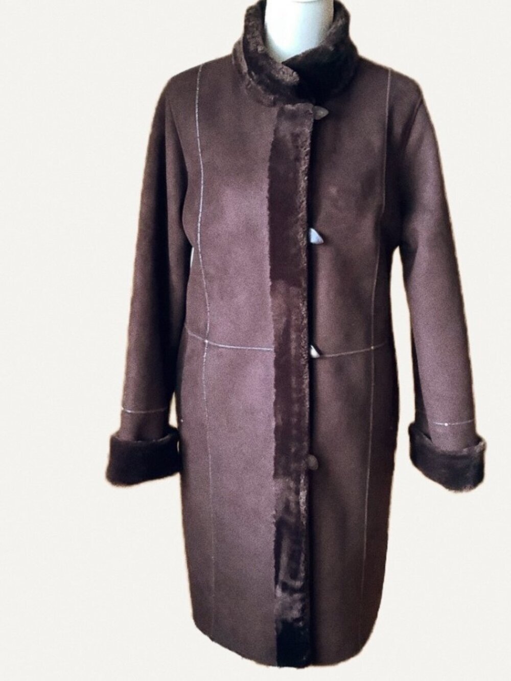 NOVELTI Vintage Faux Suede Shearling Midi Coat Brown Penny Lane Jacket M Sherpa